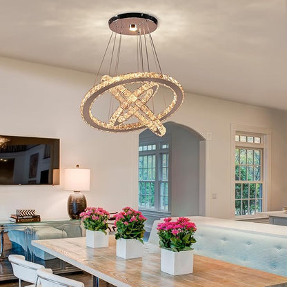 CLAIRDAI Modern Crystal Chandelier, Adjustable 3 Ring LED Ceiling Light Fixture, Dimmable K9 Crystal Chandelier for Dining Room, Bedroom, Living Room, Hallway