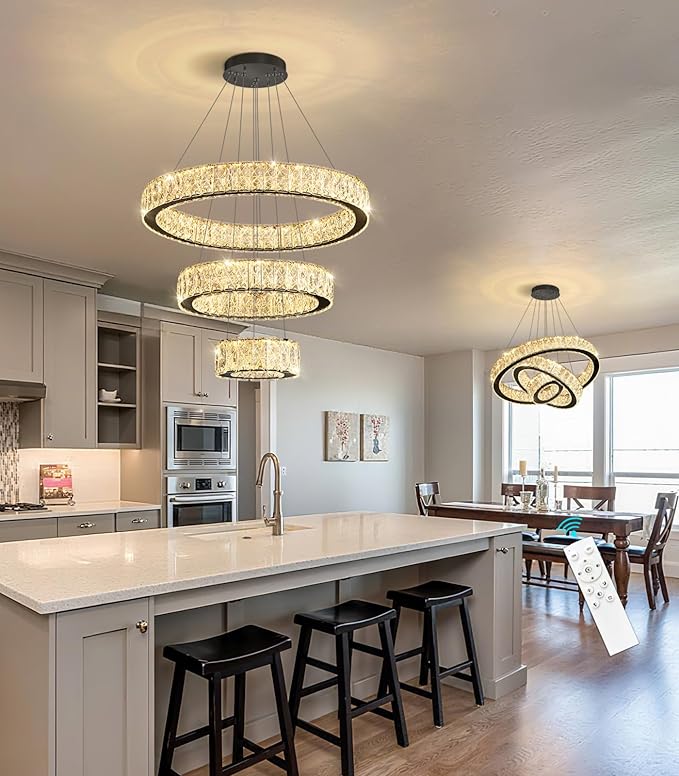 Modern Crystal Chandelier 36W Dimmable LED Ceiling Light Fixture with Remote Luxury Adjustable Pendant Light for Living Room Dining Room Black