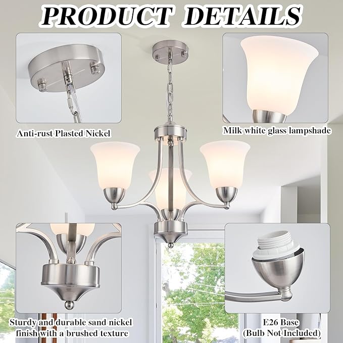 3-Lights Farmhouse Chandelier Brushed Nickel Modern Dining Room Light Fixture Silver Adjustable Ceiling Hanging Pendent Lighting with Frosted Glass for Kitchen Island, Living Room,Foyer