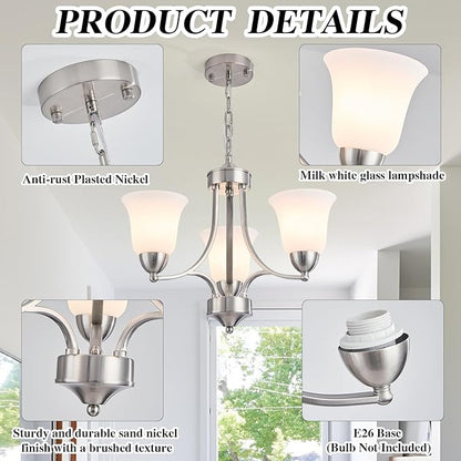 3-Lights Farmhouse Chandelier Brushed Nickel Modern Dining Room Light Fixture Silver Adjustable Ceiling Hanging Pendent Lighting with Frosted Glass for Kitchen Island, Living Room,Foyer