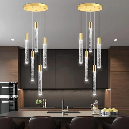 HAIXIANG 5-Lights Chandelier Modern Crystal Glam Light Remote Dimmable Pendant Lighting for Kitchen Island Dining Room Shiny Gold Light
