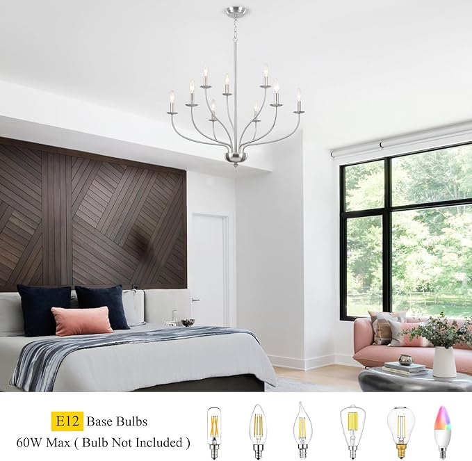 Brushed Nickel Chandelier, 9-Light Modern Farmhouse Chandelier for Dining Room Light Fixture, 2-Tier Industrial Hanging Country Candle Chandeliers for Living Room Foyer Bedroom Entryway Kitchen