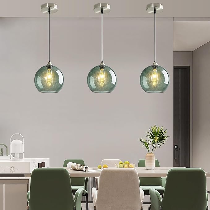 Modern 3-Pack Glass Globe Pendant Lights, Gray Green Modern Pendant Lighting for Kitchen Island, Glass Hanging Lamps for Dining Room Living Room Bedroom, Small 5.9 Inch Fixture (Bulbs Not Included)