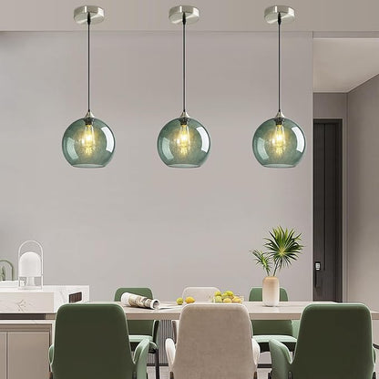 Modern 3-Pack Glass Globe Pendant Lights, Gray Green Modern Pendant Lighting for Kitchen Island, Glass Hanging Lamps for Dining Room Living Room Bedroom, Small 5.9 Inch Fixture (Bulbs Not Included)