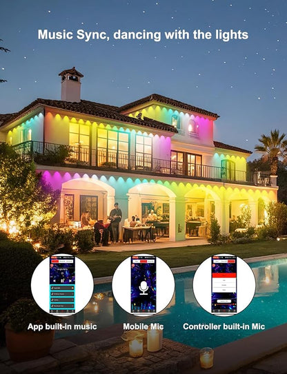 200ft RGB+ IC Permanent Outdoor Lights, Eaves Lights with 100 LED Lights, IP68 Waterproof, Music Sync with Remote Control for Garden Party Decor, Deck, Christmas with Cool White