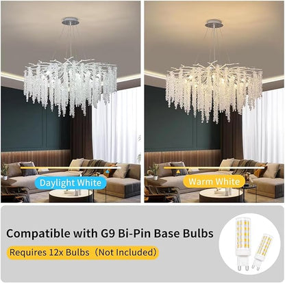 Crystal Tree Branches Chandeliers Luxury Round Raindrop Pendant Light Fixture Ceiling Hanging Light for Dining Room Bedroom Living Room Entryway D31.5“ Silver