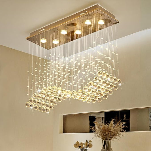 Modern Gold Wave Rectangular Chandelier for Dining Room Over Table, 6-Lights Raindrop Elegant Ceiling Light Fixture for Kitchen Island, Funny Flush Mount Pendant Light for Kids/Girls Room