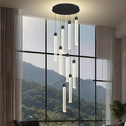 Modern 9-Lights Black Crystal Column Chandeliers for Entrance Dimmable LED Pendant Lighting Hanging Lights for Dining Room Bedroom Foyer Staircase Living Room