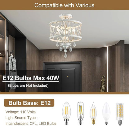 Farmhouse Crystal Ceiling Light Fixture, 3-Light Semi Flush Mount Crystal Chandelier Light Fixture Rustic Vintage White Pendant Ceiling Lamp for Hallway Corridor Kitchen Entryway Bedroom Living Room