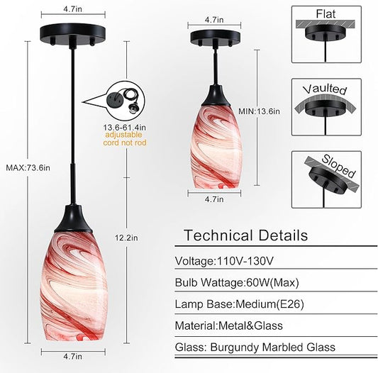 Viinew Mini Glass Pendant Light 4.72" with Handblown Burgundy Marble Art Glass Hanging Light 1-Pack Oval Ceiling Hanging Light Fixture for Dining Room Kitchen Island Cafe Foyer Hallway