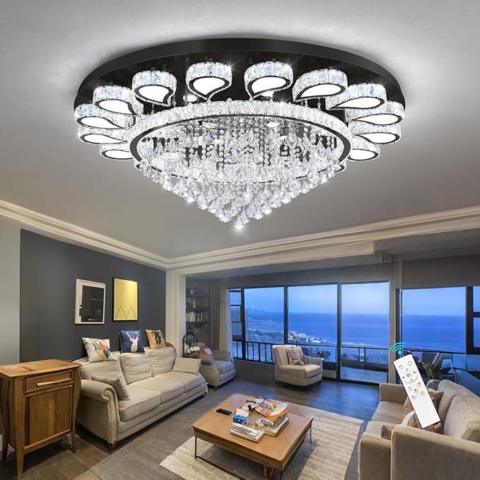 HAIXIANG Extra Large Chandelier for Living Room Crystal Chandeliers High Ceiling Light Fixtures Luxury Modern Dimmbale Lighting Black Lights for Entryway Foyer