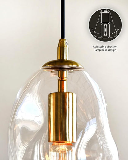 CASAMOTION Modern Pendant Lights Kitchen Island Large Gold Hanging Light Fixtures for Dining Table Blown Art Glass Clear Organic Globe Bedroom Foyer Entryway Hallway Lamp 12 Inch 1 Pack