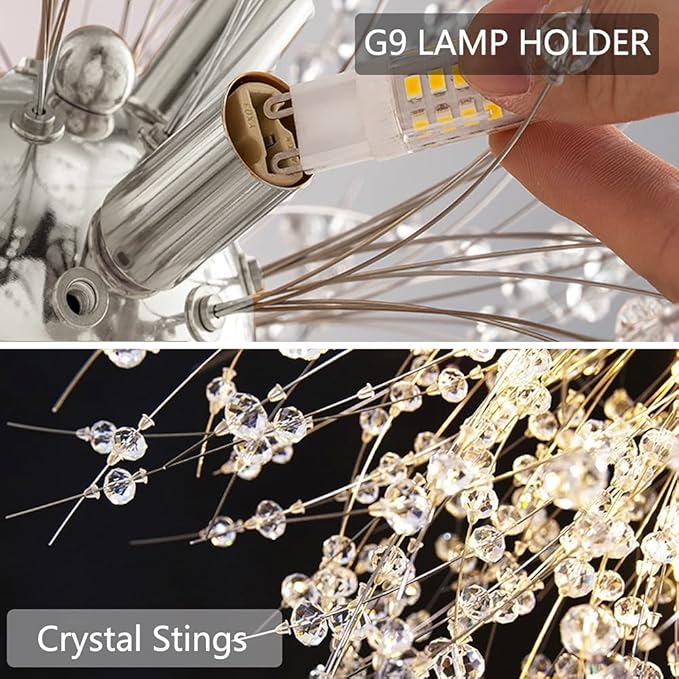 Modern Crystal Chandeliers 9-Light Chrome Dandelion Light Fixture,Firework Chandelier,Personalized Ceiling Hanging Lighting for Bedroom,Dining Room,Kitchen,Aisle Chandelier