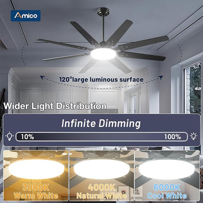 Amico 64 inch Ceiling Fans with Lights,Large Ceiling Fan with Light and Remote Control, Dimmable, 6 Speed Reversible Quiet DC Motor, Black Modern Ceiling fan For Living Room, Kitchen, Patio