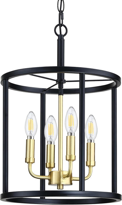 4 Light Hanging Geometric Lantern Pendant Light Fixture Black Gold Finish Chandelier Adjustable Chain Metal Cage Pendant Lighting for Kitchen Island Dining Room Foyer