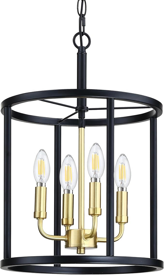 4 Light Hanging Geometric Lantern Pendant Light Fixture Black Gold Finish Chandelier Adjustable Chain Metal Cage Pendant Lighting for Kitchen Island Dining Room Foyer