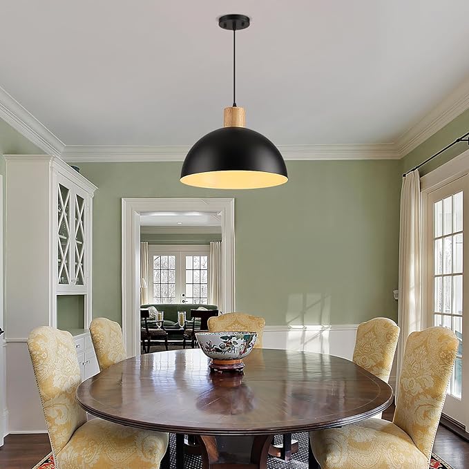 Black Solid Wood Pendant Light, 16in Modern Matte Black Pendant Lights Fixtures Adjustable Farmhouse Hanging Lighting,for Kitchen Island Dining Room Barn Office