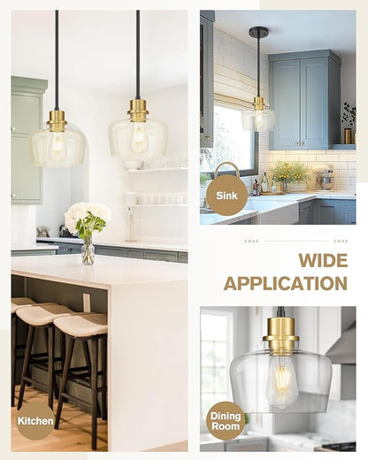 Emak 2 Pack Black Gold Pendant Lights Kitchen Island, Modern 8 Inch Clear Glass Pendant Light, Farmhouse Island Lights for Kitchen, Bathroom, Dining Room, PL122-BKBGD-CG-2PK