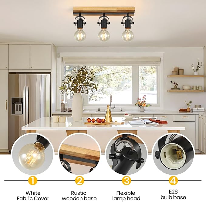 Industrial Track Lighting Fixtures Ceiling, Farmhouse Wood Ceiling Spot Lighting,Rustic Kitchen Ceiling Light Fixtures for Kitchen Bedroom Bathroom Hallway.
