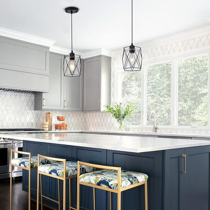 Black Pendant Light Over Table Cage Blown Clear Seeded Glass Farmhouse Hanging Light Fixture Industrial Adjustable Cord for Kitchen Island Dining Room Above Sink
