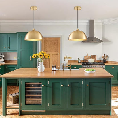 Gold Pendant Light 2 Pack, 11.8" Modern Pendant Lights Kitchen Island Adjustable Height, Farmhouse Dome Hanging Light for Dining Room Bar