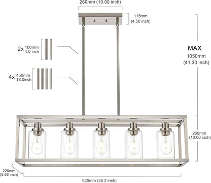 MELUCEE 5-Light Dining Room Lighting Fixture Hanging Brushed Nickel Modern Pendant Lighting Contemporary Chandeliers with Clear Glass Shade for Kitchen Island Living Room Bedroom