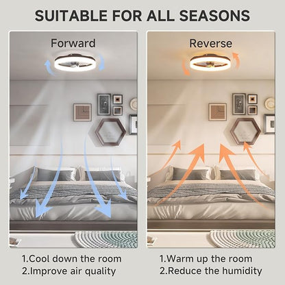 VOLISUN Low Profile Ceiling Fans with Lights and Remote, 19.7in Fandelier Ceiling Fan with Light, 3000K-6500K Dimmable Bladeless LED Fan Light, Brown Flush Mount Ceiling Fans with Lights for Bedroom