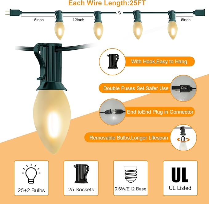 C7 LED Christmas Lights 25Ft Frosted White Outdoor String Lights with 27 Warm White LED Bulbs (2 Spare), Vintage Christmas String Lights for Garden Wedding Party Xmas Decoration