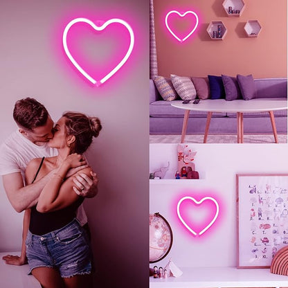 Pink Heart Neon Sign for Bedroom Decoration, Heart Led Light Sign 8.7×8.7 In Battery/USB Powered Romantic Love Hearts Neon Light for Wall Decor Art Kids Girl Room Wedding Party Valentine's Day Prsent