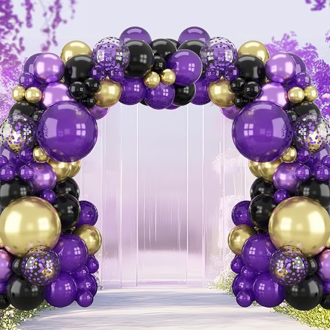 HILAVO Purple Black and Gold Balloon Arch Kit Graduation Balloon Garland Dark Purple and Gold Metallic Black Confetti Balloons for Retirement Wednesday Birthday Baby Shower Engagement Party Decoration