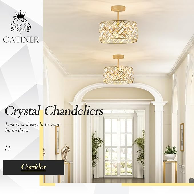 Modern Gold Crystal Chandeliers, Small Semi Flush Mount Chandelier 4-Ligh 12'' Drum Crystal Pendant Light Fixture for Foyer Entryway Kitchen Hallway Dining Room