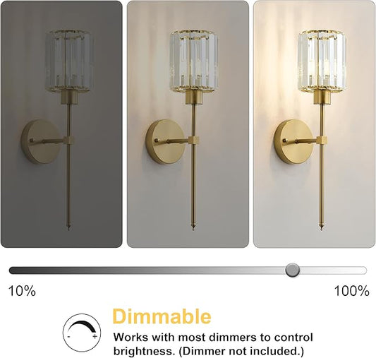 KARTOOSH Hardwired Crystal Wall Sconces Set of Two - Dimmable Wall Light Fixtures 3000K, Warm White, for Hallway, Bathroom, Living Room, Bedroom, Brass, 20.1 Inch