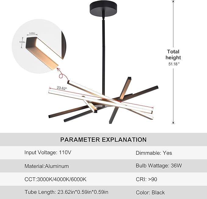 Modern Black Chandeliers Ceiling 36W LED Pendant Light Embedded Mount Chandeliers，LED 6-Lights Linear Pendant Light for Kitchen Island Dining Room Bedroom Living Room Entryway，L23.62"*0.59"/6