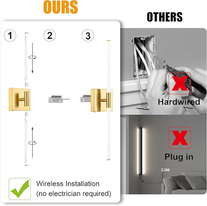 Morauroral 30 Inch White Gold Battery Operated Wall Sconces Set of 2, Dimmable Battery Wall Sconce with Remote Control, LED Rechargeable Sconces, Modern Wireless Wall Lights for Bedroom, Living Room