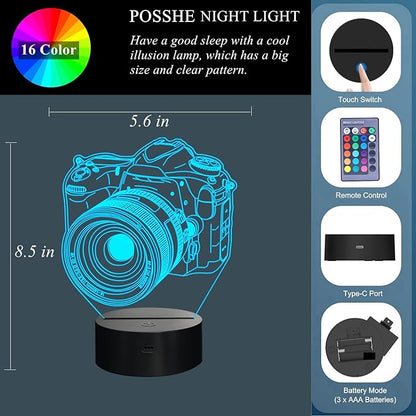 Photographer Gifts for Men, Camera 3D Night Light with Remote Control, 16 Colors Changing, Timer, Dimmable, RGB Flashing Mode, Photography Gifts Gifts for Men Women Christmas Decor