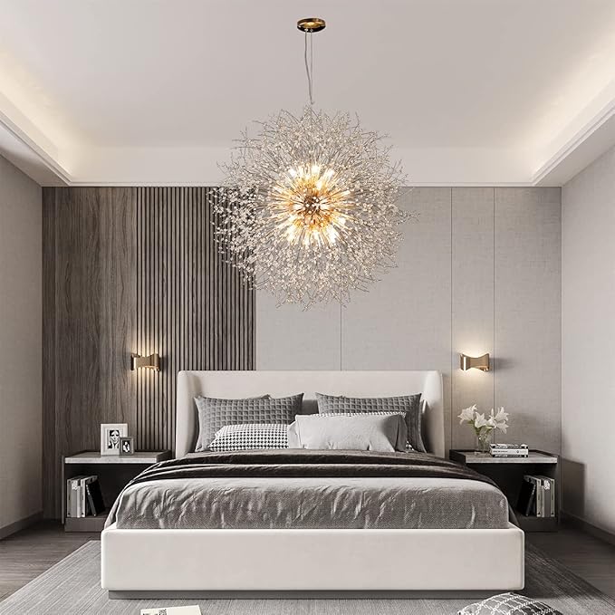 Gold Crystal Chandeliers Dandelion, 31.4" Steel Firework Chandelier Large Lighting, 16-Light Modern Sputnik Pendant Light Fixture for Living Room Bedroom