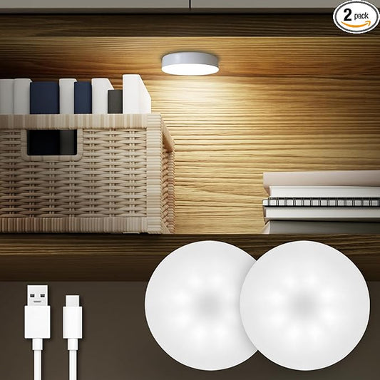 DAZZY DOT Rechargeable Puck Lights 2 Pack, Dimmable Touch Light Stick on for Closet, Magnetic Tap Light 1000mAh Battery Powered, Portable Led Light Cool White for Locker, Cabinet, Bedside, Kitchen