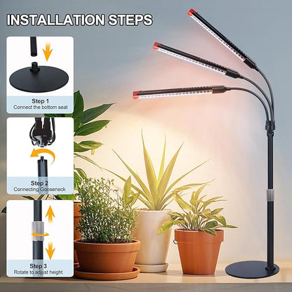 FRGROW 3Head Tabletop Grow Lights for Indoor Plants, Seed Starting, Vegetables, Bonsai, Bright Desk Plant Growing Lamps, 4/8/12/16/20H Timer, 27 Watt Power Draw, NO Need Adapter, 360° Gooseneck