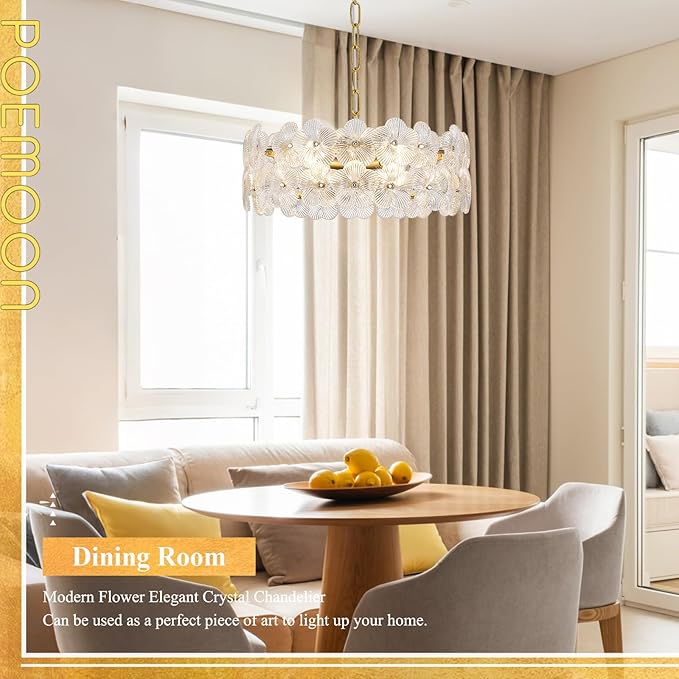 14" Clear Flower Glass Chandelier Elegant 4 Lights Modern Gold Pendant Lighting Fixture for Kitchen Island Dining Room Bedroom Entryway Hallway, G9