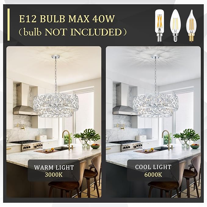 CATINER Chrome Crystal Chandelier, 8-Light Drum Semi Flush Mount & Pendant Ceiling Light, 24'' Modern Round Fixture for Living Room, Dining Room, Kitchen, Foyer, Bedroom