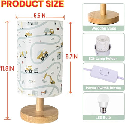 Kids Desk Lamp for Bedroom Boy,Reading Car Lamp,3-Way Dimmable with Cartoon Pattern Printed Shade and Wood Base,for Kids Room,Nursery or Living Room Decor,Car Gift for Christmas Boys