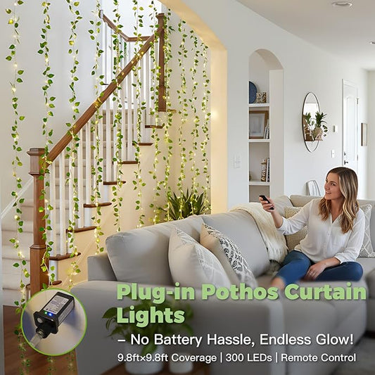 suddus 300 LED Vines with Lights Plug in, 9.8ft x 9.8ft Fairy Lights with Vines, Pothos Curtain Lights for Wall, Bedroom, Dorm, Wedding, Party, Indoor, Outdoor Decor(Warm White)