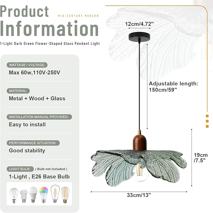 Mid Century Modern Dark Green Flower Pendant Light, Glass Adjustable Hanging Light Fixture E26 Base for Kitchen Island Living Room Bedroom Entryway