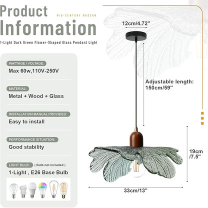 Mid Century Modern Dark Green Flower Pendant Light, Glass Adjustable Hanging Light Fixture E26 Base for Kitchen Island Living Room Bedroom Entryway