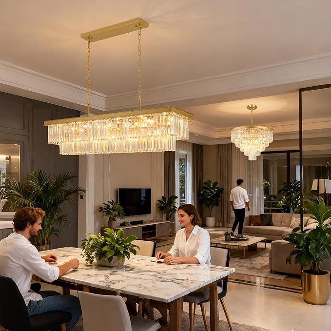 Weesalife Crystal Chandeliers for Dining Room Light Fixtures Over Table，18-Lights Gold Modern Rectangle Chandeliers for Kitchen Island Bar L46 Inch