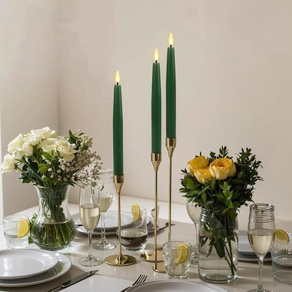 GenSwin Flameless Taper Candles with Remote Timer, Real Wax LED Flickering Candlesticks Battery Operated 3D Wick for Wedding, Party, Home(Christmas Green, 9.84", Set of 2)