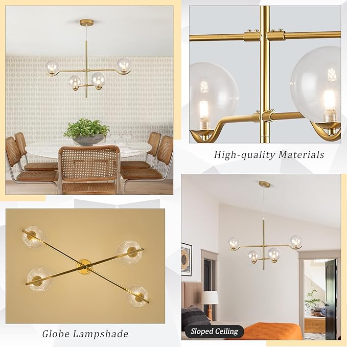 CATINER 4 Lights Gold Sputnik Chandelier, Modern Large L31 '' Mid Century Long Ceiling Pendant Light Fixtures with Clear Glass Globe Shades for High Ceiling Living Room Foyer Dining Room Bedroom
