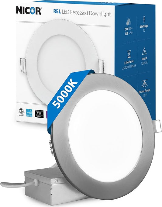 LED Downlight - Ultra-Thin 6 inch LED Recessed Light with Junction Box - 5000K, 902 Lumens, 11.8W, 120V, Dimmable LED Lights - REL6 Edge-Lit LED Ceiling Light, Nickel by NICOR Lighting