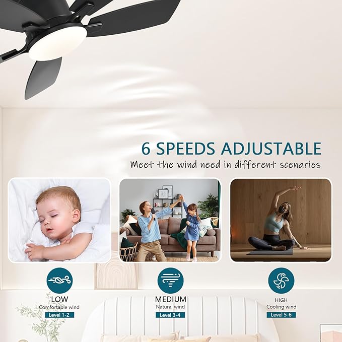 Ayaoty Ceiling Fans with Lights, 42 inch Low Profile Ceiling Fan with Light and Remote Control, Flush Mount, Reversible Motor, Dimmable, Noiseless, Black Ceiling Fan for Bedroom, Indoor/Outdoor Use