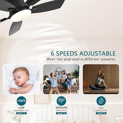 Ayaoty Ceiling Fans with Lights, 42 inch Low Profile Ceiling Fan with Light and Remote Control, Flush Mount, Reversible Motor, Dimmable, Noiseless, Black Ceiling Fan for Bedroom, Indoor/Outdoor Use